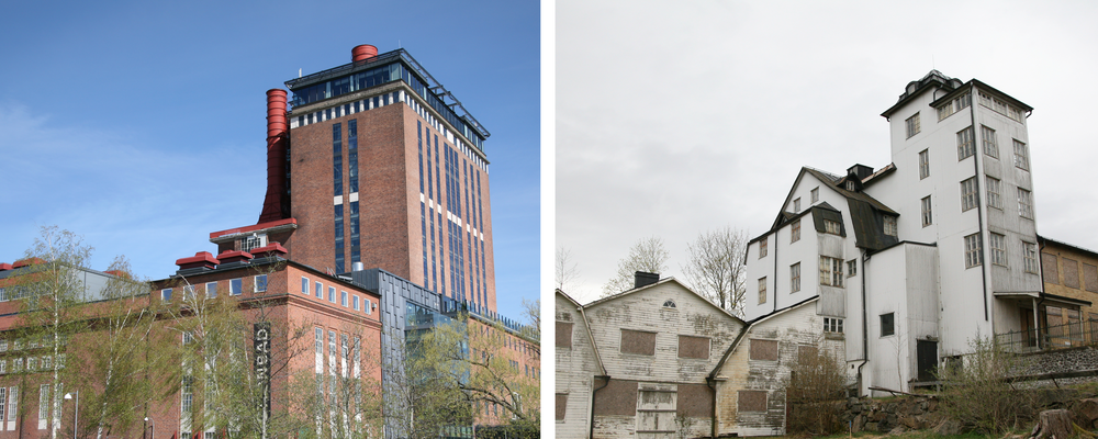 Två fotografier som visar ångverket i Västerås och Hvita korset i Älmhult.