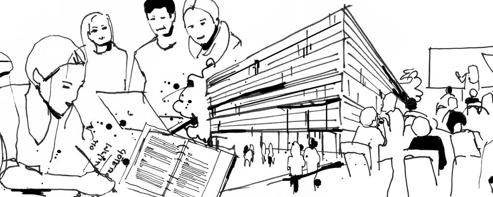 Illustration universitetsbyggnad med studenter