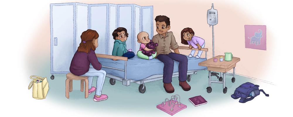 Cover illustration of the thesis: Family in the hospital where one of the children has contracted AML. The motif shows, among other things, that AML, like all other cancers, does not just affect the sick child, but the whole family