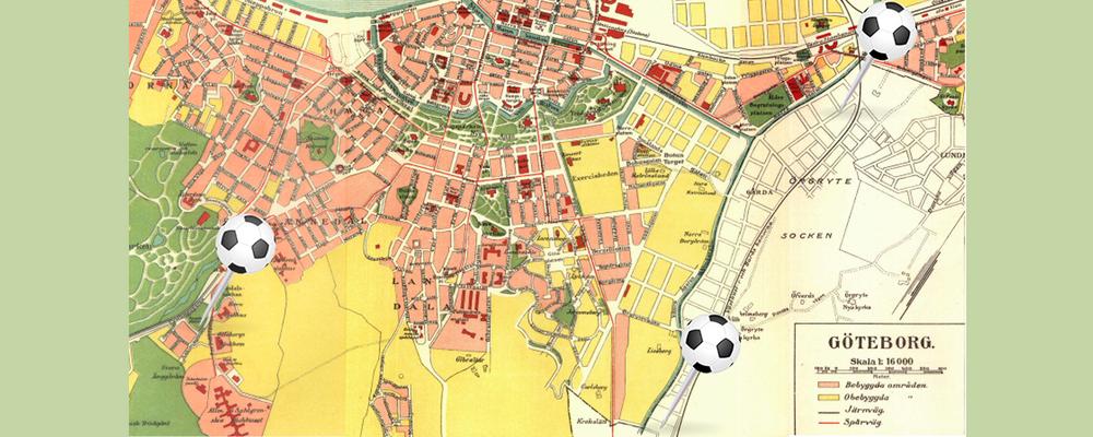 Kartbild med utmärkta fotbollsplatser i Göteborg