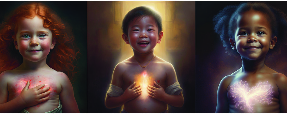 The children on the cover are fictitious and the image was generated by artificial intelligence at Midjourney.com. In the picture we see the location of the thymus in the chest