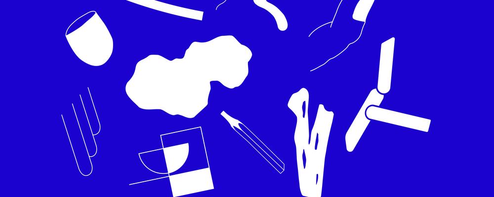 Beskuren affisch: blå bakgrund med vita illustrationer av verktyg, material och händer.