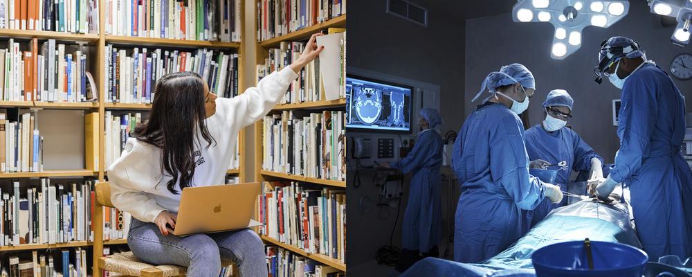 Bildcollage med ett foto på pluggande studenter och ett foto från ett sjukhus