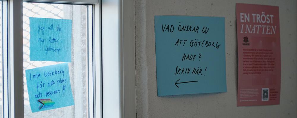 En lapp med texten "Vad hade du önskat att Göteborg hade? Skriv här!"