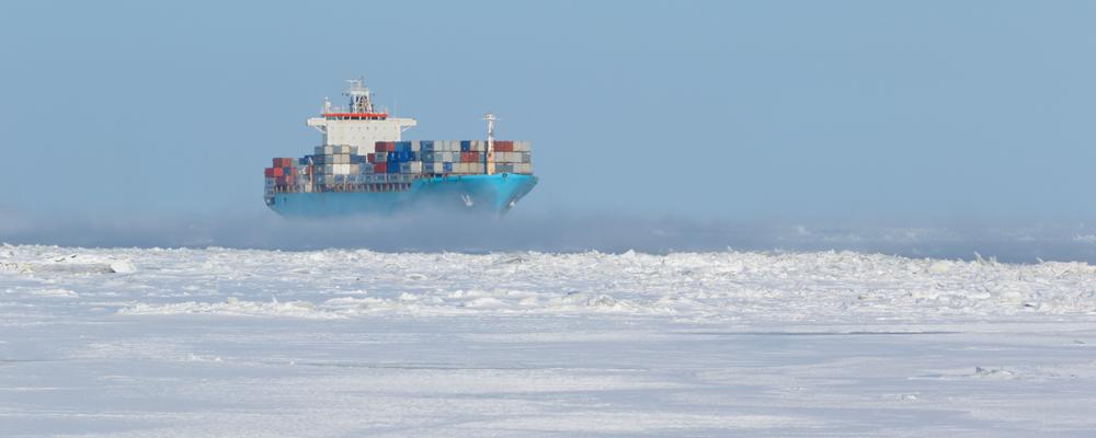 Containerfartyg på ett hav med is