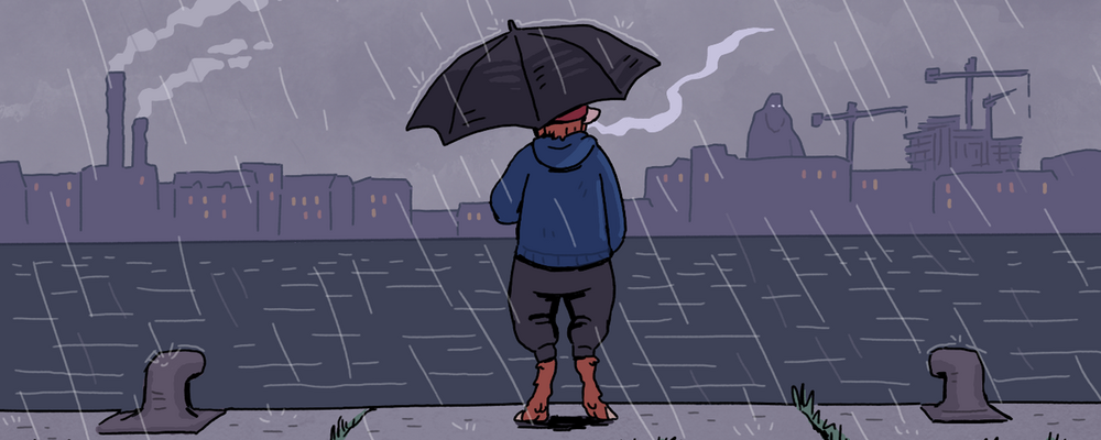 A fictional cartoon character stands with an umbrella and looks out over a rainy Gothenburg.