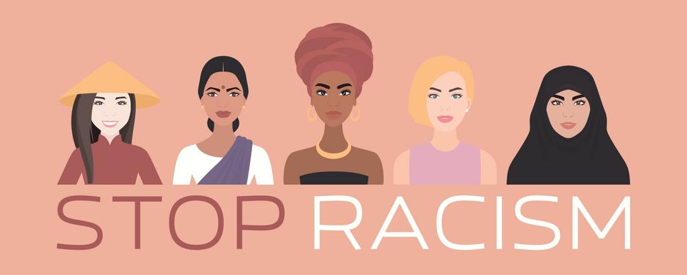 Tecknad bild med fem personer med olika etniskt ursprung och texten stoppa rasismen