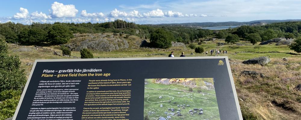 Skyltning med beskrivning av platsens kulturarv på Pilane gravfält sommaren 2023.