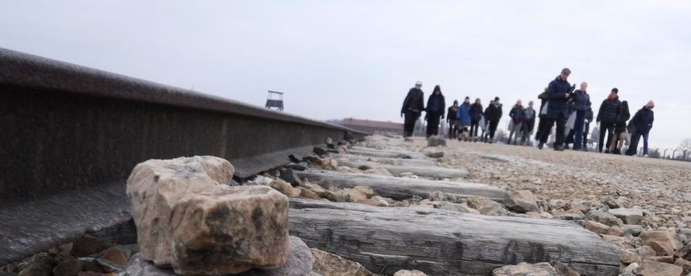 Förgrunden: stenar nedlagda av besökare på järnvägsspåren i museet AuschwitzBirkenau. Fonden: en grupp med skolelever från Sverige. 