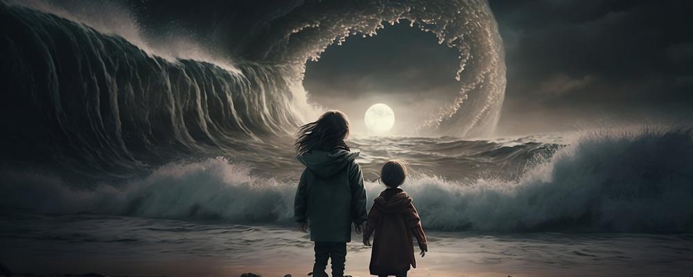 Large wave in front of two children