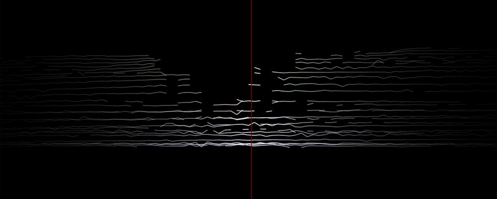 Ljudfrekvenser som vita streckj på svart bakgrund.