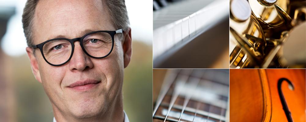 A person's face and close-ups of musical instruments