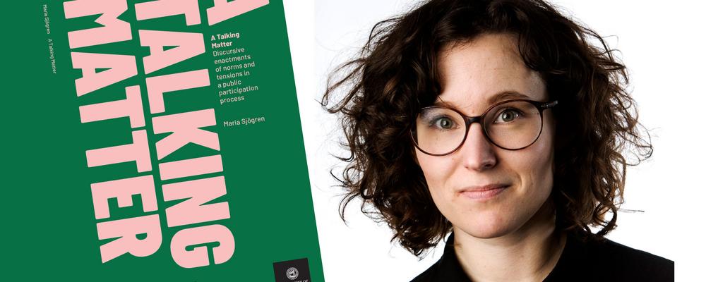 The picture shows Maria Sjögren and the cover of her dissertation.