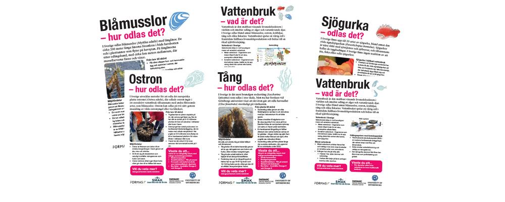 Bilder på 6 olika faktablad om hållbart vattenbruk.