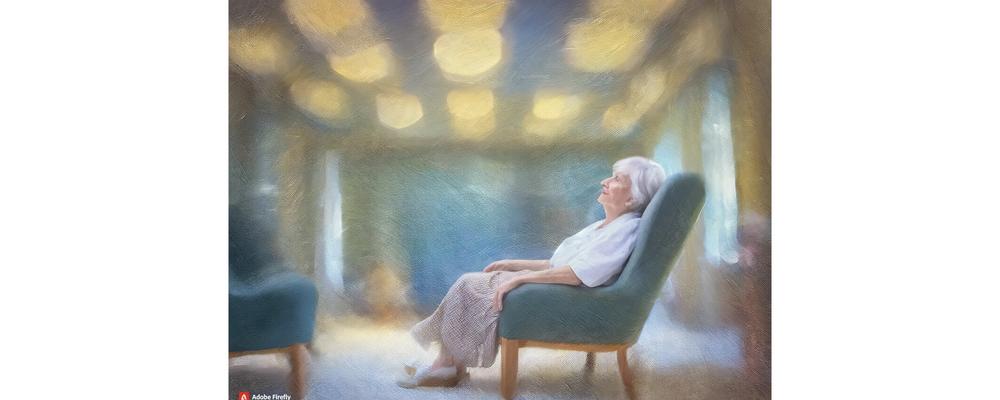 Kvinna som får simulerat dagsljus fotodynamisk terapi. Skapad av Alexandra Sjöholm med hjälp av Adobe Systems Incorporated. Bildgenererad med Adobe Firefly: AI Art Generator Features.