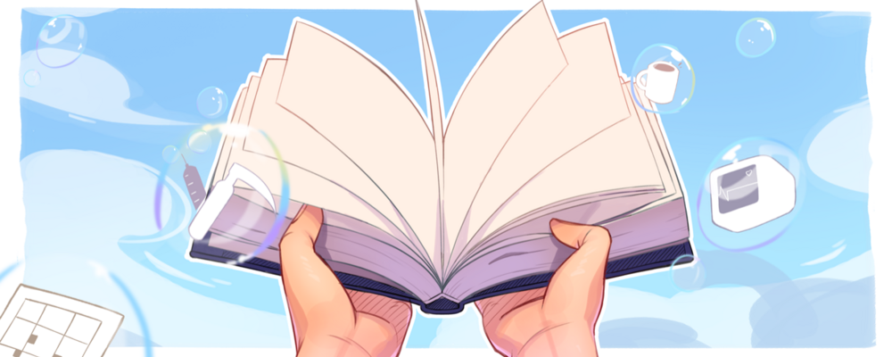 Två händer håller upp en öppen bok, omgiven av symboler som fångar både de tekniska och mänskliga aspekterna av narkosyrket – från EKG-monitorer till kaffepauser.