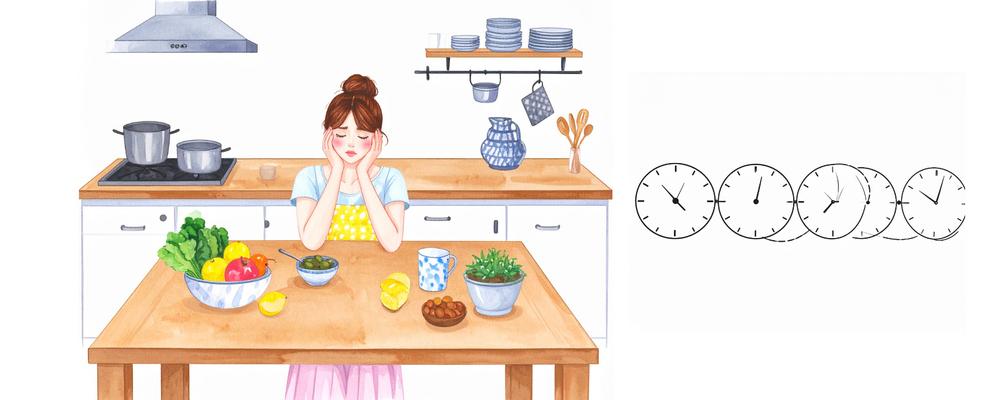 Women sitting sad at table, with clocks representing time passed