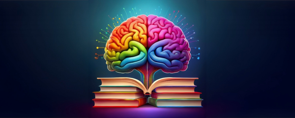 En bok med en regnbågsfärgad hjärna