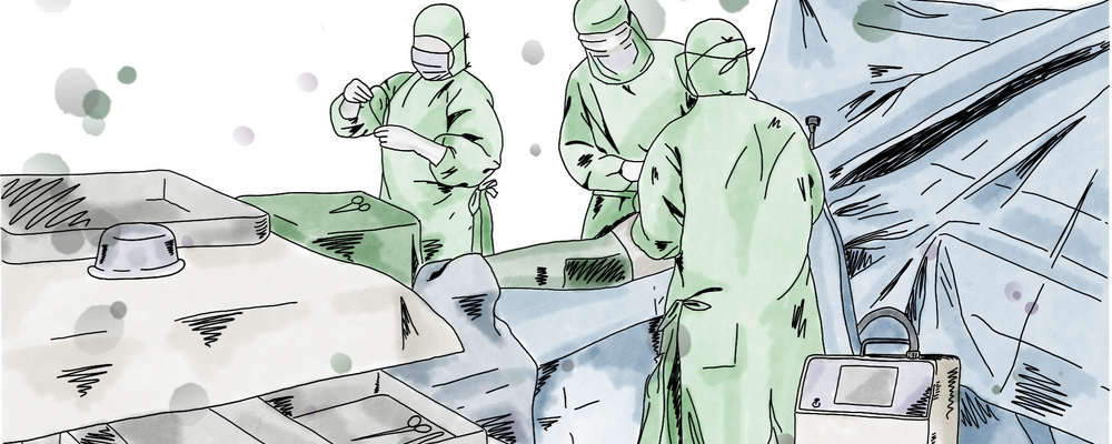 This cover illustration shows an ongoing operation where particles are present in the air. These can be measured using equipment to assess risks that could lead to post-operative wound infections.