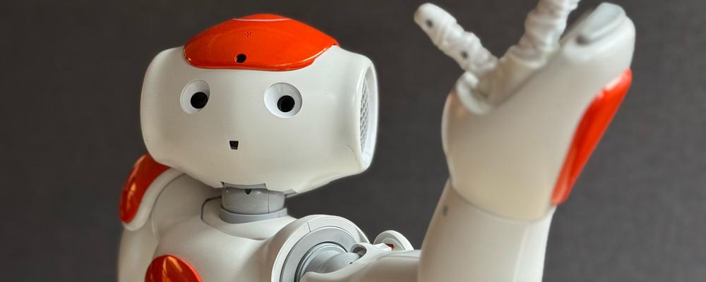 Robot looks into the camera and waves