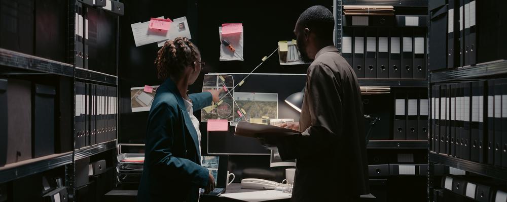 Två utredare diskuterar bevisning i ett rum fullt med pärmar.