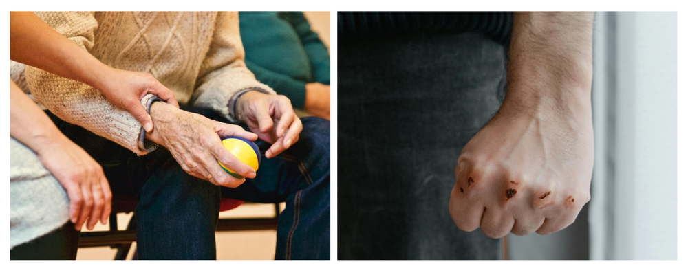 Fyra händer som visar på närhet - en hand som har utfört våld