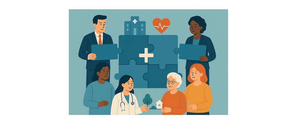 Sex personer står runt ett pussel, ett sjukhus syns i bakgrunden.