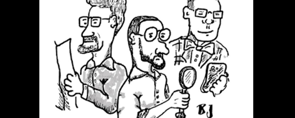Illustation av JMG:s tre forskare bakom Propagandainspektionen