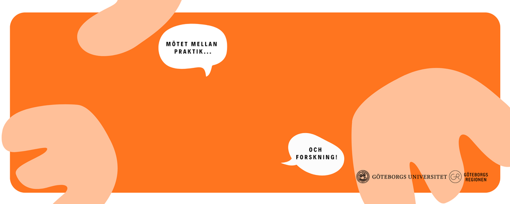 Grafik för socialtjänstforum. Orange bakgrund med två vita pratbubblor med texterna "Där praktik och forskning möts".