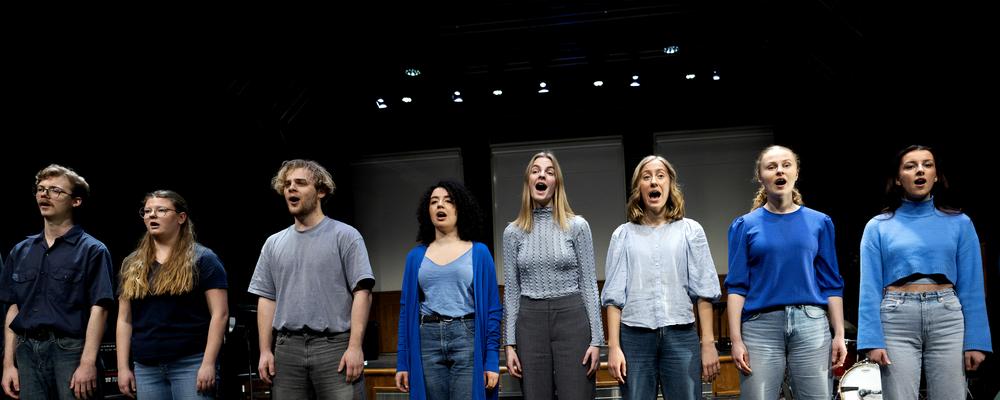 Flera personer sjunger, uppställda på rad 