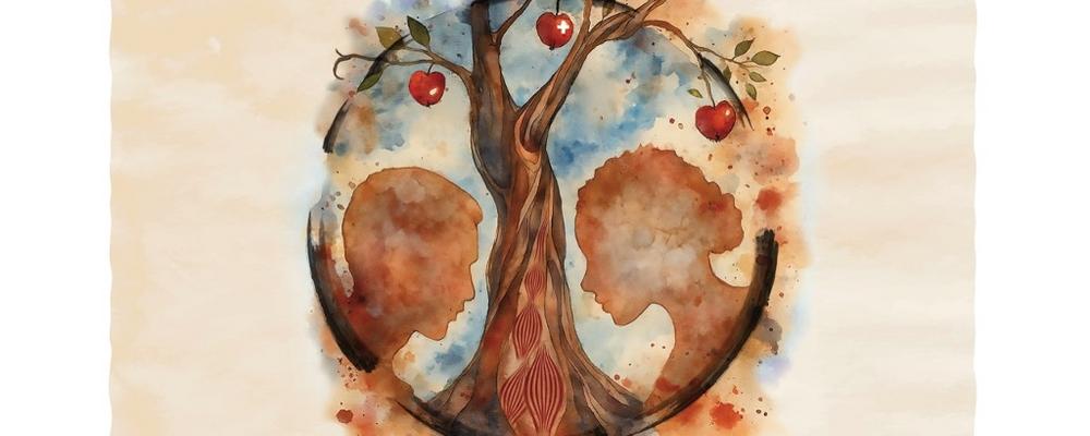 Omslagsillustration: Teckningen föreställer två huvuden, ett träd med äpplen samt muskelfiber i trädstammen, och är menad att fånga det avhandlingen handlar om på ett symboliskt sätt. 