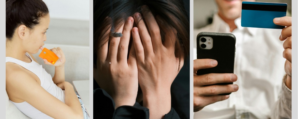 Collage: ung tjej håller i betalkort, ung person slår händerna för ansiktet, person med bankkort och mobiltelefon