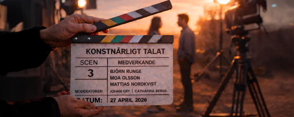 En filmklappa framför en scen där ett par samtalar