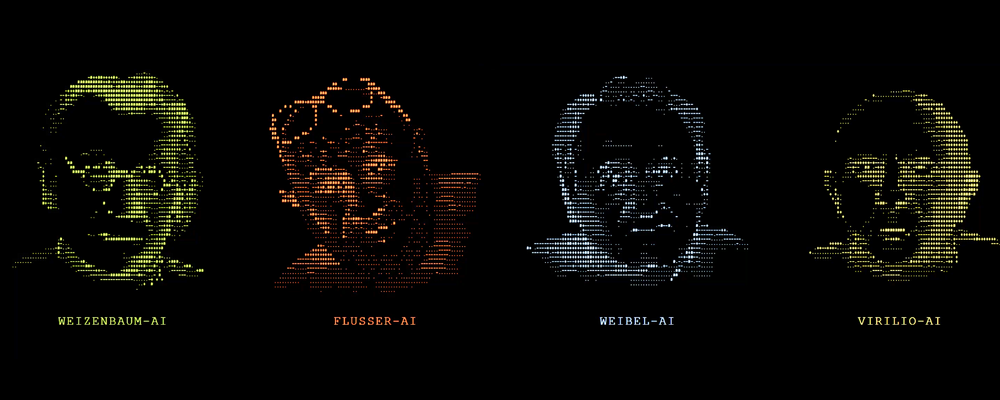 Filosoferna Joseph Weizenbaum, Vilém Flusser, Peter Weibel och Paul Virilio i form av AI-personer.