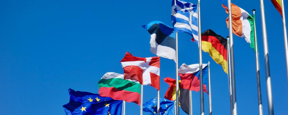 European flags blowing in the wind