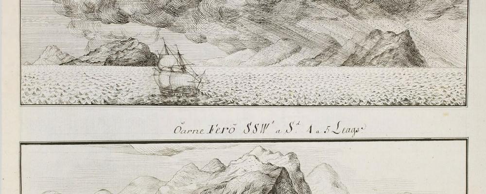 Historisk gravyr med segelfartyg, stormmoln och bergigt kustlandskap.
