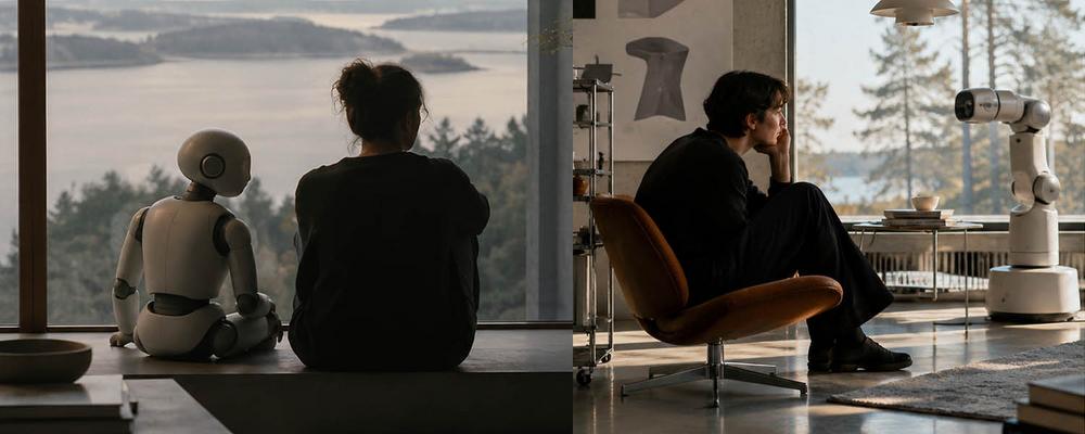 Två ihopklippta bilder där den vänstra föreställer en kvinna sittandes i ett fönster med en barnlik robot och den höra föreställer en man i koncentrerat samtal med en kamerarobot
