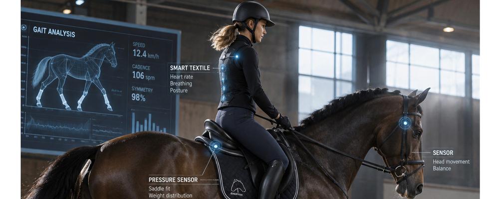 Häst med ryttare som visar horsetech