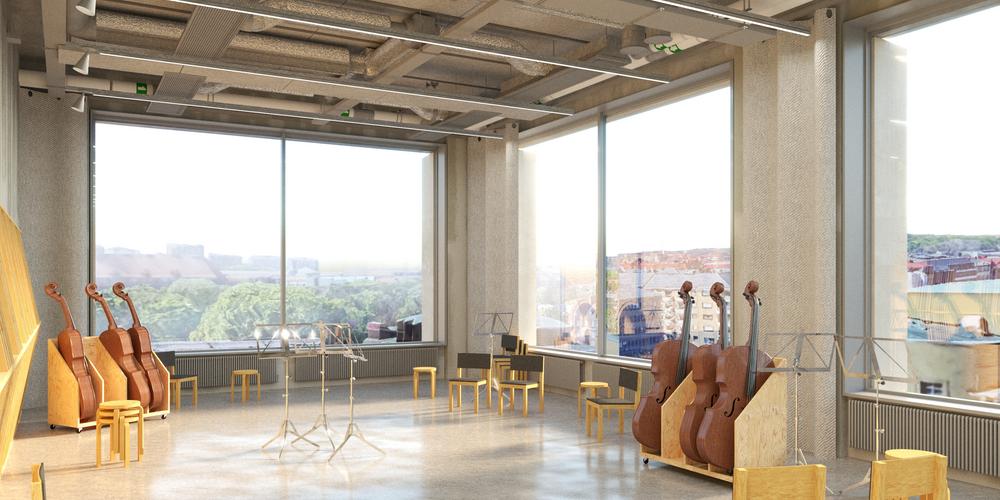 En av multisalarna, ett ljust rum med stora fönster med utsikt över Göteborg och cellor som står i ställ.