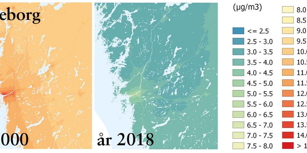 Två kartor över Storgöteborg där den ena är orangefärgad, och den andra blå, vilket visar stor nedgång i fina partiklar.