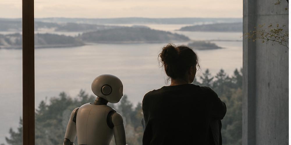 En kvinna sitter i ett fönster med en barnlik AI-robot