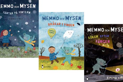 Bokomslag av tre böcker om Memmo och Mysen av Emma Virke.