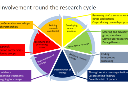 This graph of the research cycle illustrates the different stages of a research project and examples of how they can be involved