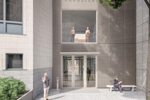 Illustration som visar en entrédörr och personer som rör sig runt denna.