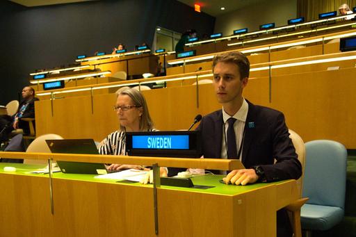 Björn Fondén i FN med en skylt där det står "Sweden"