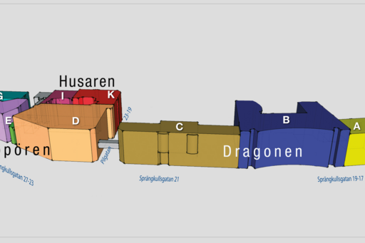 Skiss över fakultetens byggnader i Haga