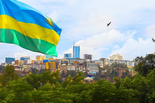 utsikt över stor stad, hustak och stor blå-gul-grön flagga i förgrunden