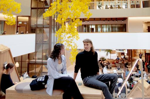 Students sitting on the stairs and talking to each other in Natrium.