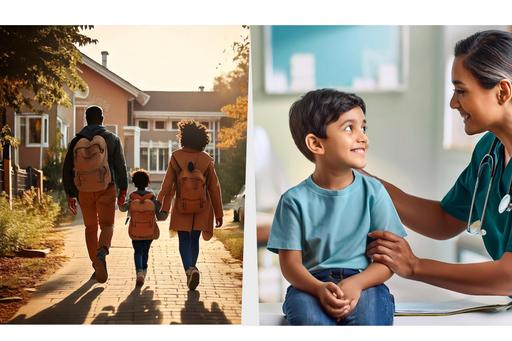 Clinician and child and family and child walking home