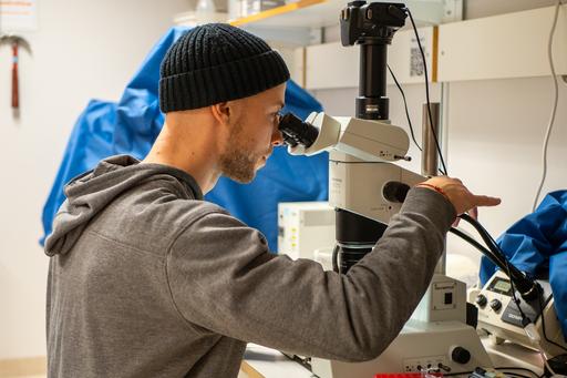 Simon Henriksson vid mikroskop.